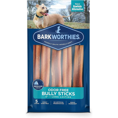 Barkworthies Odor-Free 6 Inch Bully Sticks Premium All Natural Highly Digestible Rawhide Alternative Dog Chew Treats For Medium Chewers 5 Count