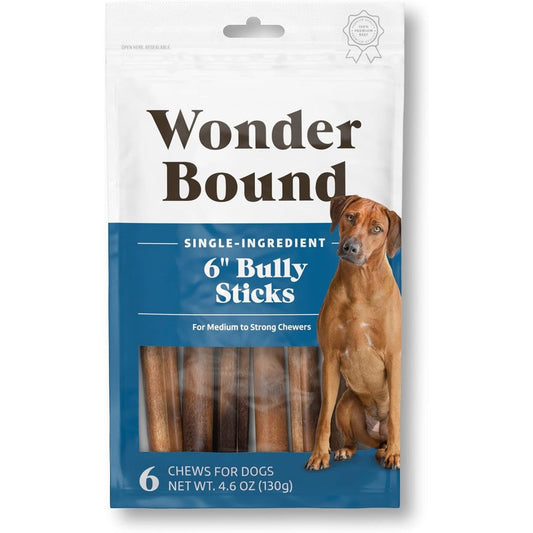 Wonder Bound Bully Sticks All Natural Highly Digestible Long Lasting Beef Dog Treats 6 Inch 6 Count Premium Chews Imported From United States