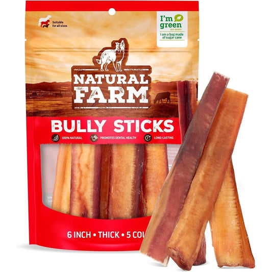 Natural Farm Odor-Free Thick Bully Sticks 6 Inch All-Natural Long-Lasting Dog Chews 100% Beef Pizzle Pack Of 5