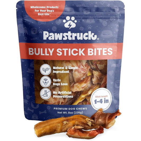 Pawstruck Natural Bully Stick Bites For Small Dogs And Puppies Rawhide Free High Protein Single Ingredient Dental Dog Chew Treats Eight Ounce Bag