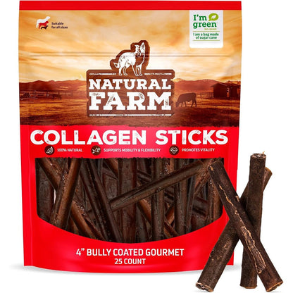 Natural Farm Bully Coated Gourmet Collagen Sticks 4 Inch 25 Pack Real Beef Coated 95 Percent Natural Collagen Dog Chews For Small Medium Breeds