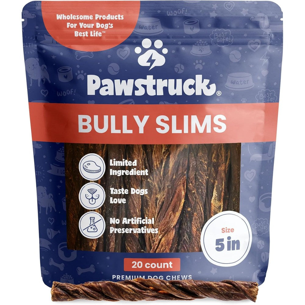 Pawstruck Natural 5 Inch Beef Bully Slims Junior Gullet Chew Sticks For Small Dogs And Puppies Rawhide Free Joint Health Support 20 Count