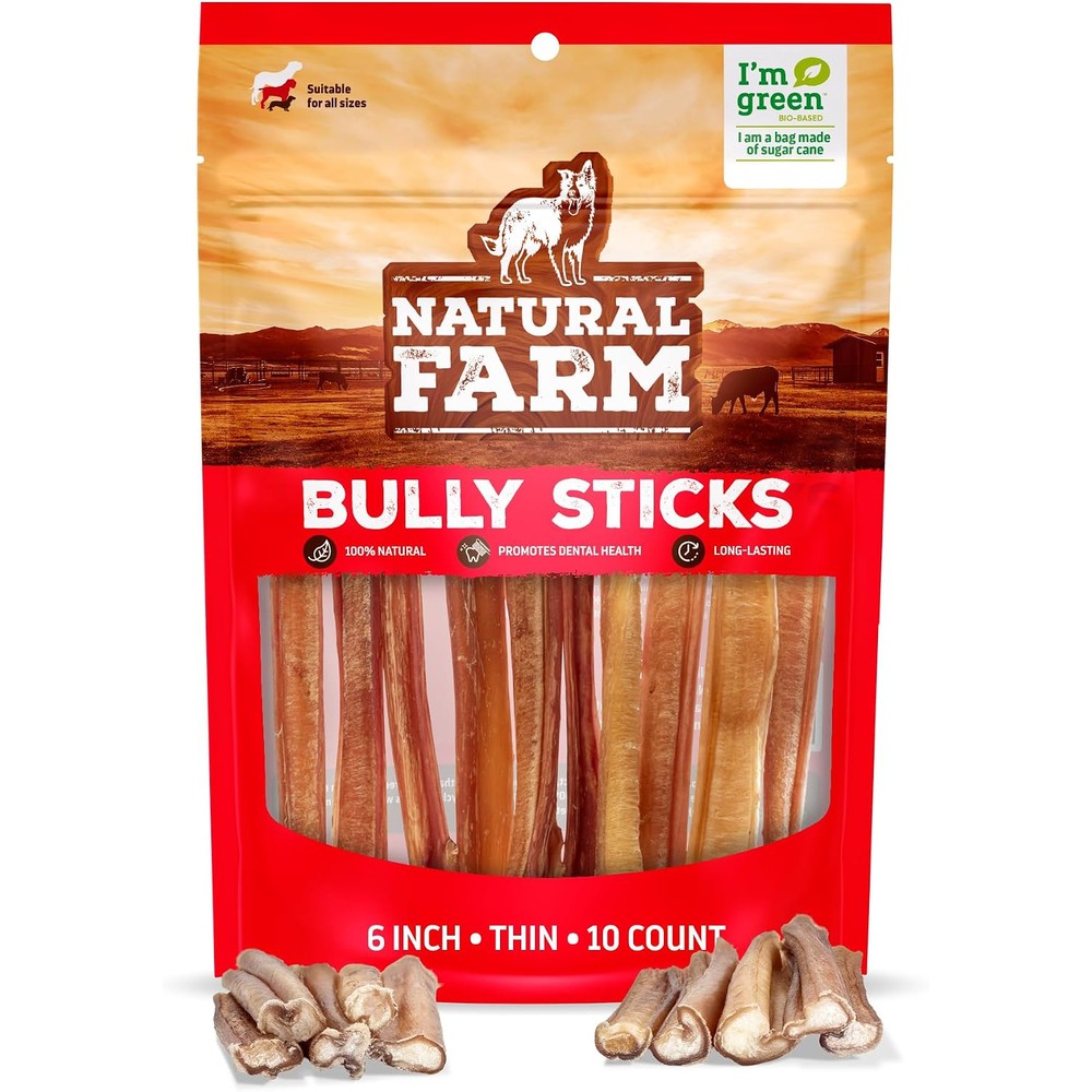 Natural Farm Odor-Free Thin Bully Sticks (6 Inch, 10 Pack) All-Natural Long-Lasting Dog Chews 100 Percent Beef Pizzle Grass Fed Grain Free