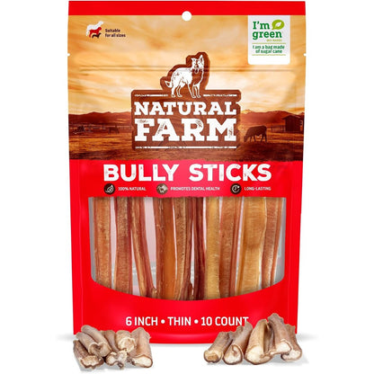 Natural Farm Odor-Free Thin Bully Sticks (6 Inch, 10 Pack) All-Natural Long-Lasting Dog Chews 100 Percent Beef Pizzle Grass Fed Grain Free