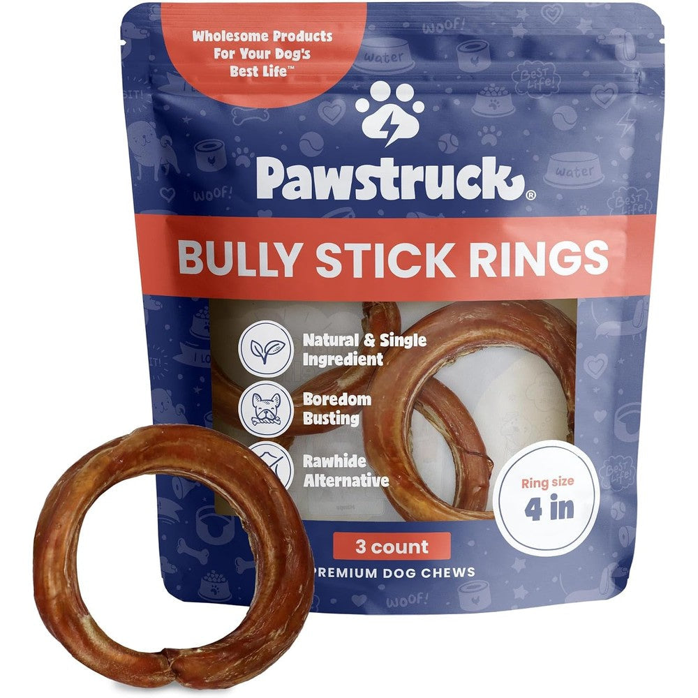 Pawstruck All Natural Four Inch Bully Stick Rings For Dogs Rawhide Free One Hundred Percent Beef Single Ingredient Dental Chew Bones Three Pack