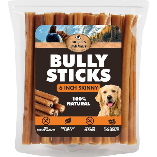 Brutus & Barnaby Skinny Bully Sticks For Dogs 6 Inch 16 Count Natural Grass Fed Beef Single Ingredient Odor Free Rawhide Free Dog Chews