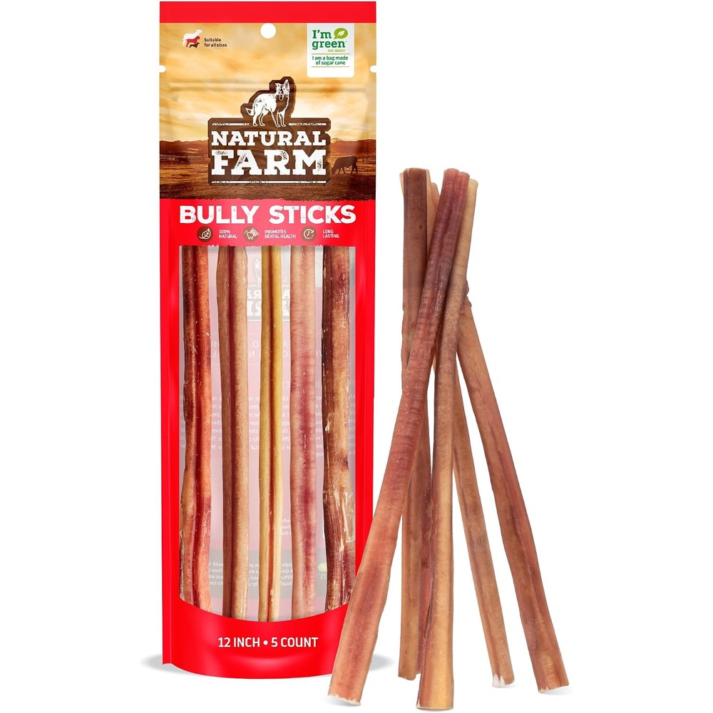 Natural Farm Odor Free Bully Sticks 12 Inch 5 Count 100 Percent Beef Chews Grass Fed Fully Digestible Dental Dog Treats
