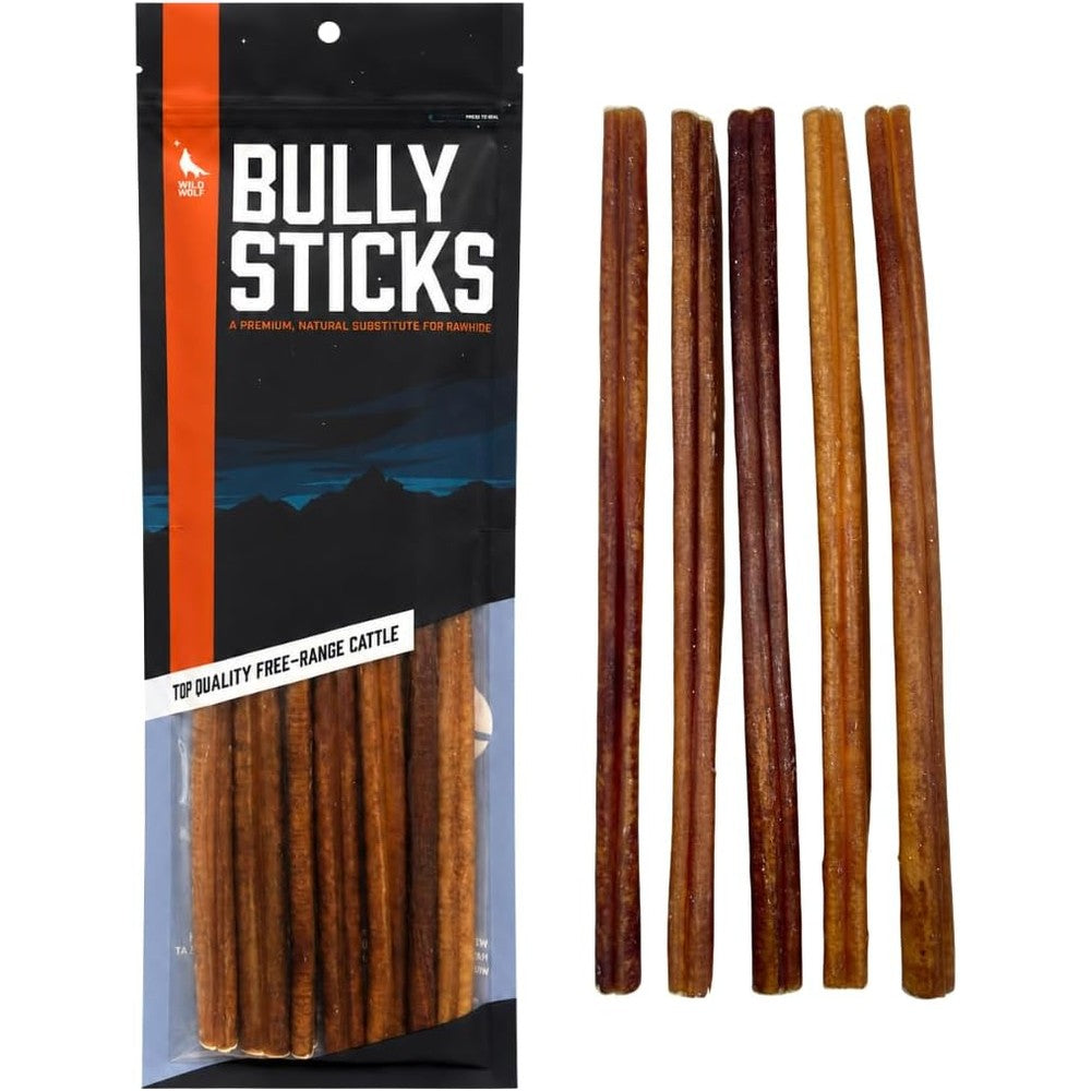 Wild Wolf 12-Inch Angus Bully Sticks Long Lasting All Natural Dog Chew Bones Low Odor Mixed Thickness 8 Ounce Bag
