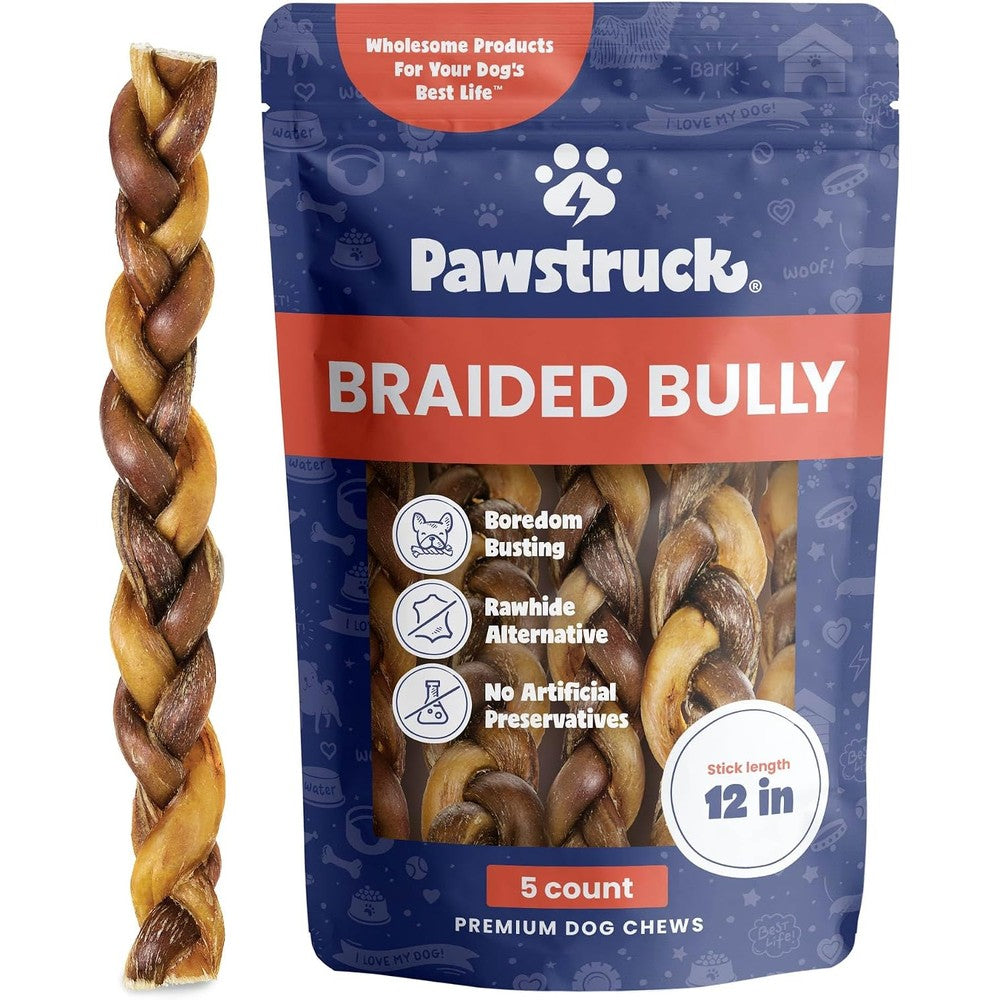 Pawstruck Natural 12 Inch Braided Bully Sticks For Dogs Long Lasting Rawhide Free Single Ingredient Chew Treats 5 Count