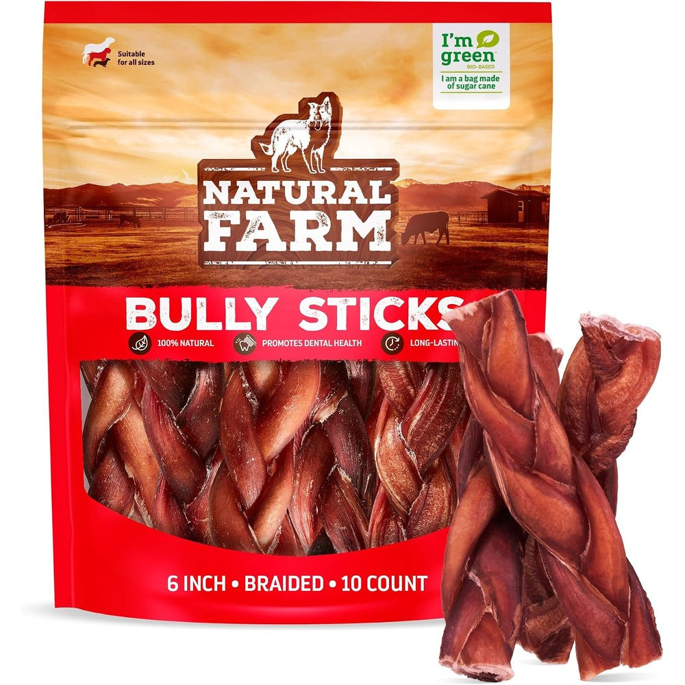 Natural Farm Odor-Free Braided Bully Sticks 6 Inch 10 Pack 100 Percent Grass-Fed Beef Fully Digestible Dental Dog Chews