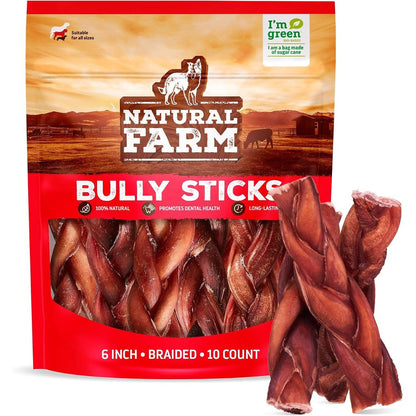 Natural Farm Odor-Free Braided Bully Sticks 6 Inch 10 Pack 100 Percent Grass-Fed Beef Fully Digestible Dental Dog Chews