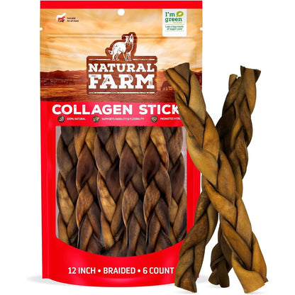 Natural Farm Braided Collagen Chews For Dogs 12 Inch 6 Pack Long Lasting Rawhide Alternative Odor Free Beef Sticks
