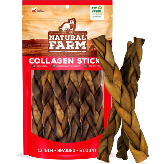 Natural Farm Braided Collagen Chews For Dogs 12 Inch 6 Pack Long Lasting Rawhide Alternative Odor Free Beef Sticks