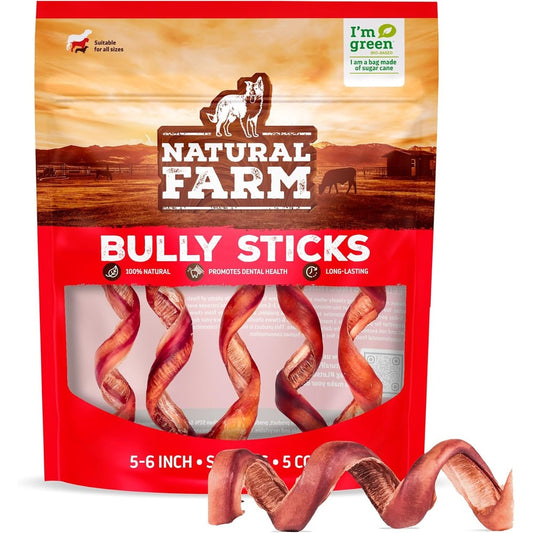 Natural Farm Odor Free Curly Bully Sticks For Dogs All Natural Grass Fed Beef Pizzle Dental Chew Treats Five Pack Five To Six Inch Length