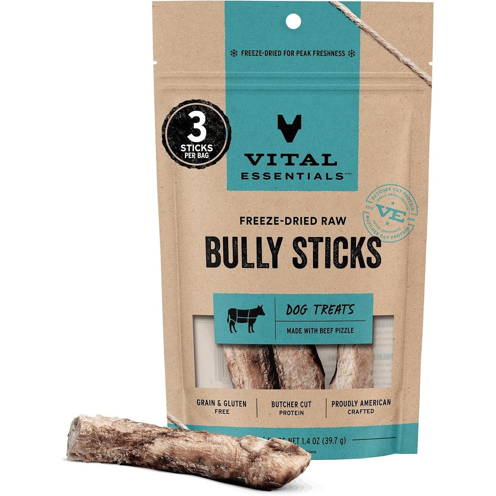 Vital Essentials Freeze Dried Bully Sticks Dog Treats Premium Quality Grain Free Raw Beef Pizzle Chews For All Life Stages 3 Count 1.4 Ounce