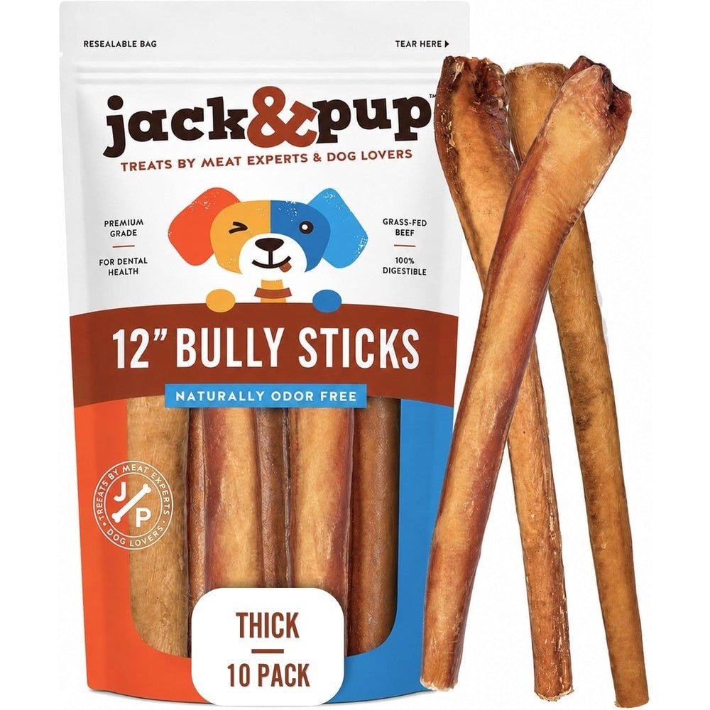 Jack And Pup 12 Inch Bully Sticks For Large Dogs Extra Thick Premium All Natural Odor Free Beef Muscle Dog Chews 10 Pack