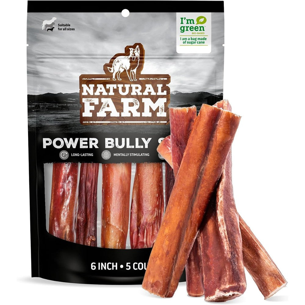 Natural Farm Power Bully Sticks Dog Chews Six Inch Five Pack Long Lasting Premium Beef Cheek Wrapped In Beef Pizzle Dental Treats For Dogs