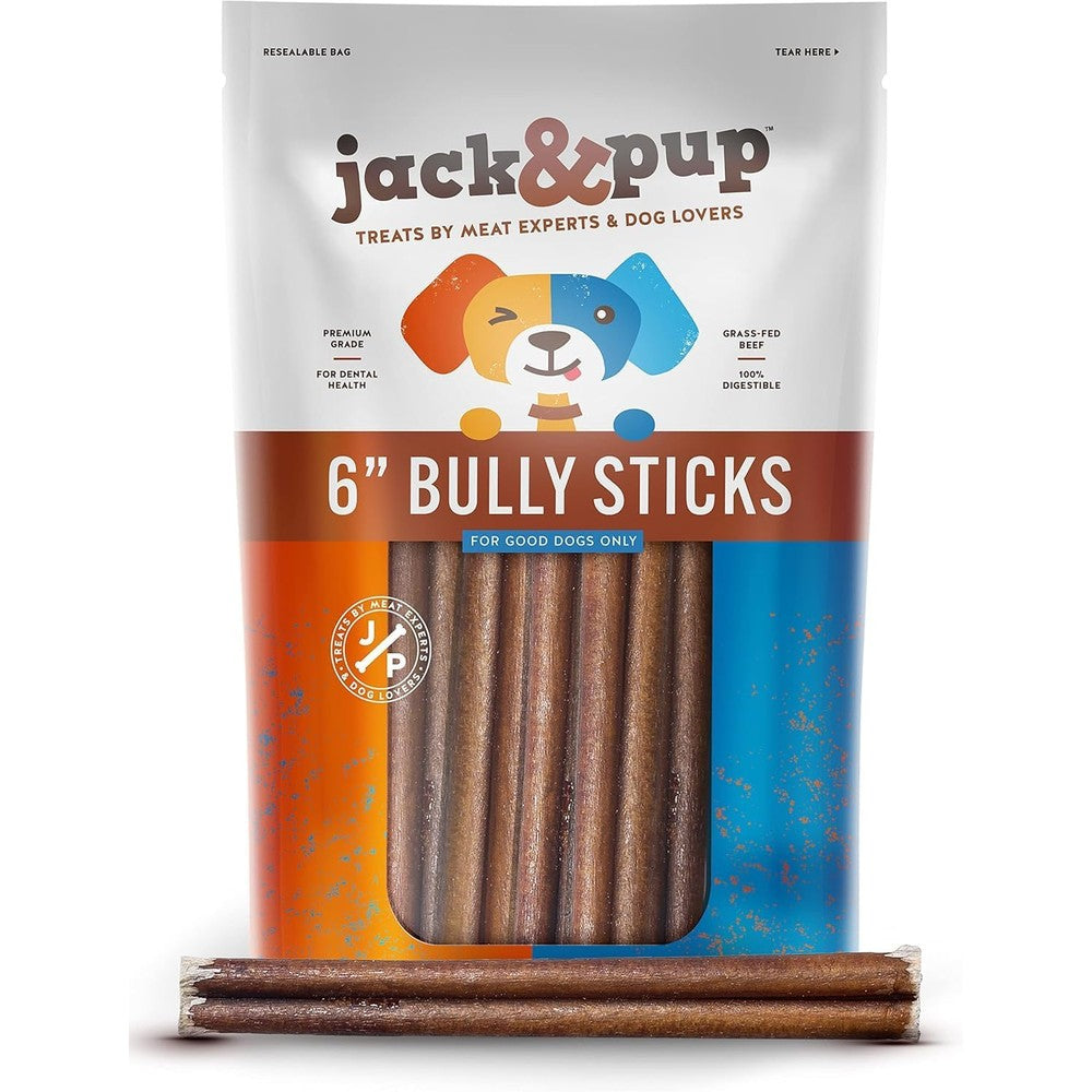 Jack&Pup 6 Inch Standard Bully Sticks For Medium And Large Dogs Odor Free All Natural Beef Pizzle Healthy Premium Dog Chews 25 Pack