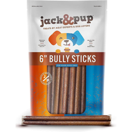 Jack&Pup 6 Inch Standard Bully Sticks For Medium And Large Dogs Odor Free All Natural Beef Pizzle Healthy Premium Dog Chews 25 Pack