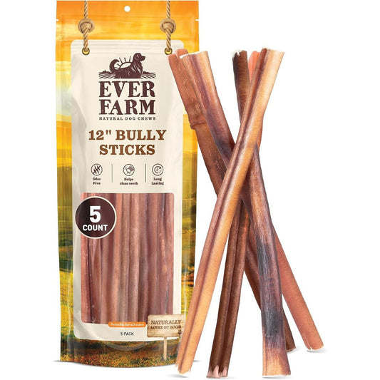 Ever Farm Pet Odor Free Standard Bully Sticks Twelve Inch Five Pack Natural Grass Fed Beef Pizzle Long Lasting Dental Dog Chew Treats