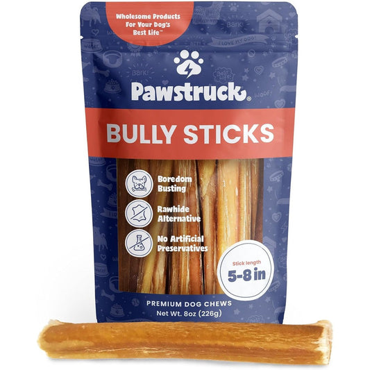 Pawstruck Natural Beef Bully Sticks For Dogs Rawhide Free Low Odor Long Lasting Dental Chew Treats 8 Ounce Bag