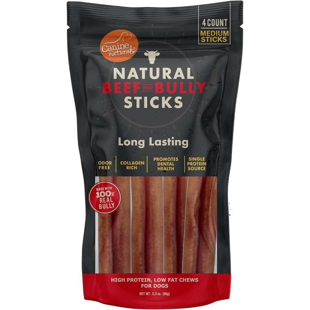 Canine Naturals Natural Beef And Bully Sticks Long Lasting Odor Free High Protein Dog Chews Made With Real Bully Four Count Medium Sticks