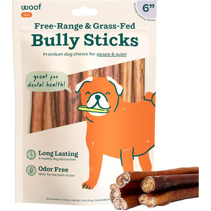 WOOF Bully Sticks Long Lasting Beef Dog Chew Treats Made With Free Range Grass Fed Beef Premium Dental Sticks Six Inch Ten Pack