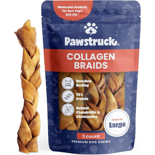 Pawstruck Natural Large 10 To 13 Inch Beef Collagen Braids For Dogs Long Lasting Rawhide And Bully Stick Alternative Three Pack