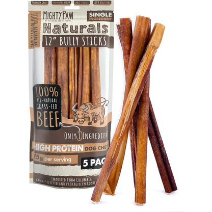 Mighty Paw Long Lasting Twelve Inch Bully Sticks For Dogs All Natural Grass Fed Beef Chews Lower Odor Single Ingredient Treats Five Count