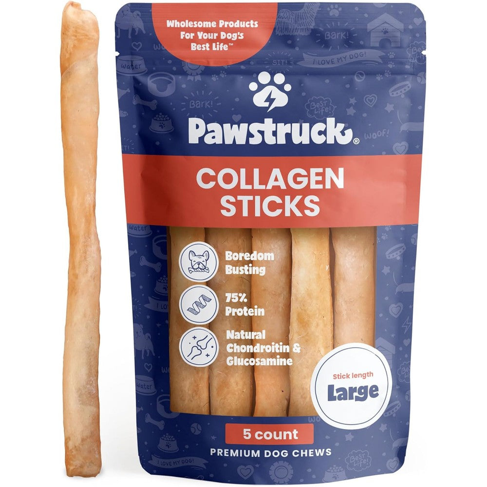Pawstruck Natural Large Twelve Inch Beef Collagen Sticks For Dogs Long Lasting Rawhide Alternative High Protein Treats Five Pack