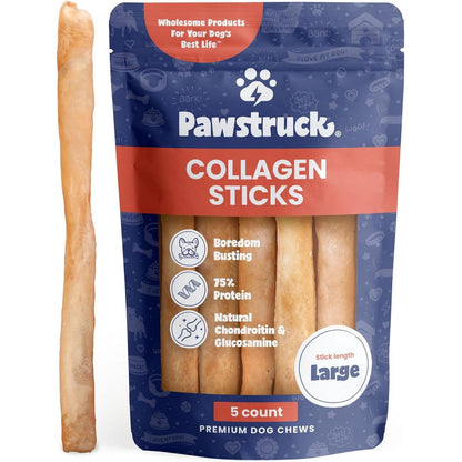 Pawstruck Natural Large Twelve Inch Beef Collagen Sticks For Dogs Long Lasting Rawhide Alternative High Protein Treats Five Pack
