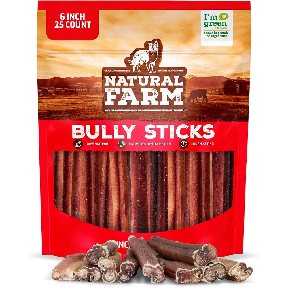 Natural Farm Odor-Free Bully Sticks 6 Inch Fully Digestible Grass-Fed Beef Pizzle Long Lasting Natural Dog Chews Pack Of 25 Count