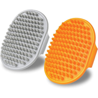 XIGOU Dog Bath Brush And Short Hair Grooming Comb For Dogs And Cats With Adjustable Ring Handle Pack Of 2 Grey And Orange