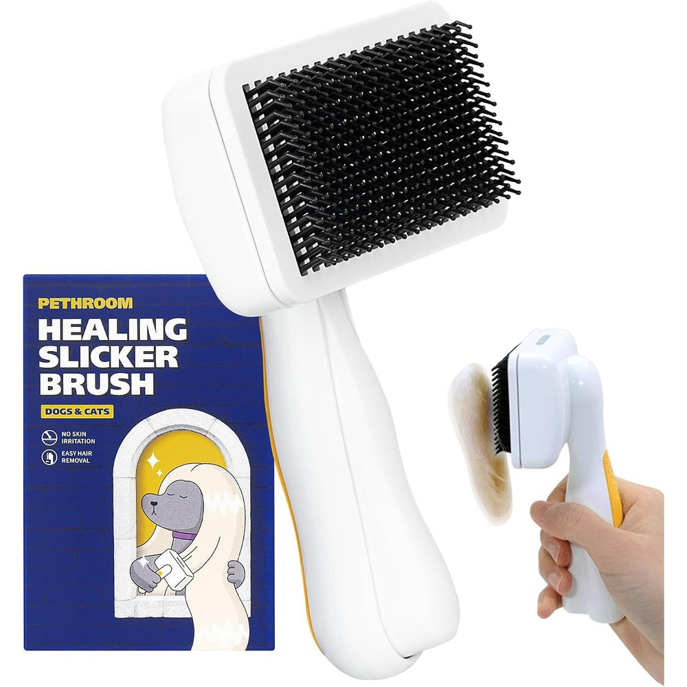 PETHROOM Healing Self Cleaning Slicker Brush For Dogs And Cats Gentle Grooming And Deshedding Tool With Coated Tips White And Yellow
