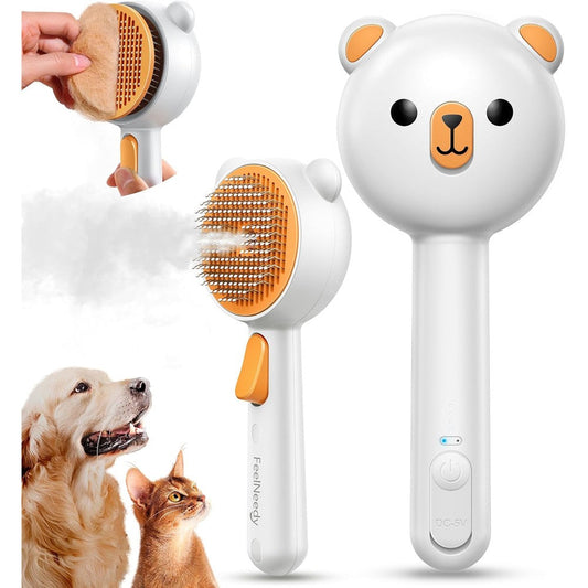 FEELNEEDY Pet Steam Brush For Dogs And Cats 3 In 1 Self Cleaning Grooming Tool With Dual Speed Spray And Quick Release Button Orange Color 1 Count