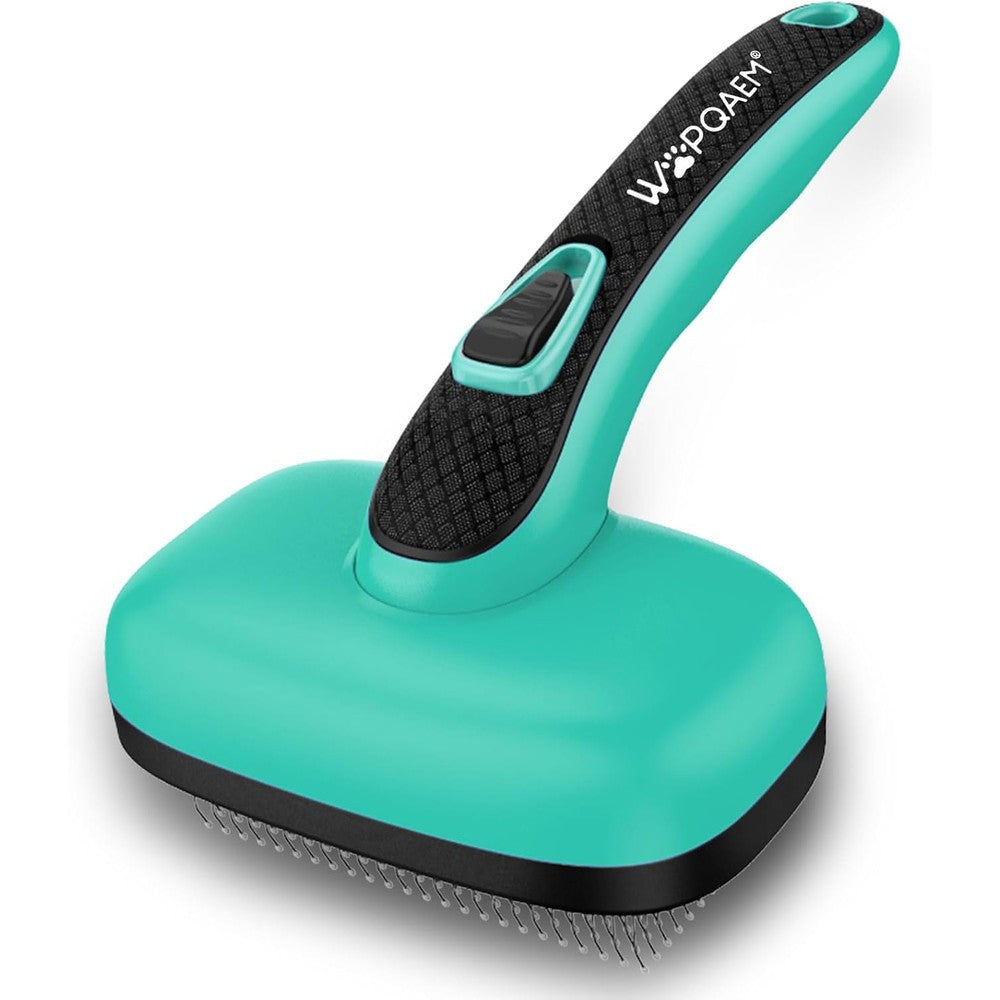 WOPQAEM Self Cleaning Slicker Brush For Dog And Cat Deshedding With One Click Retractable Bristles For Flying Hair Grooming Aqua Green Color