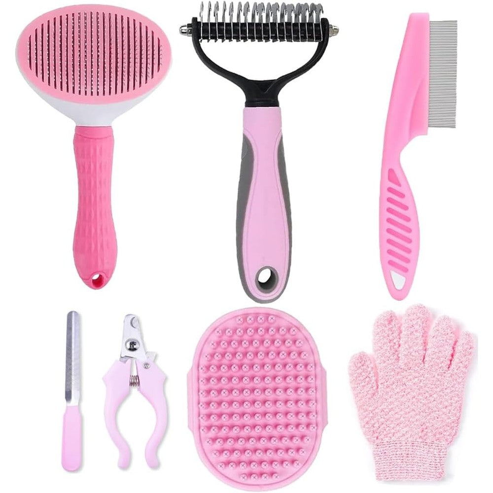 KEEPLKVOC 7 Piece Dog Grooming Kit With Self Cleaning Slicker Brush Nail Clipper Dematting Comb Flea Comb And Bath Massage Brush In Pink Color