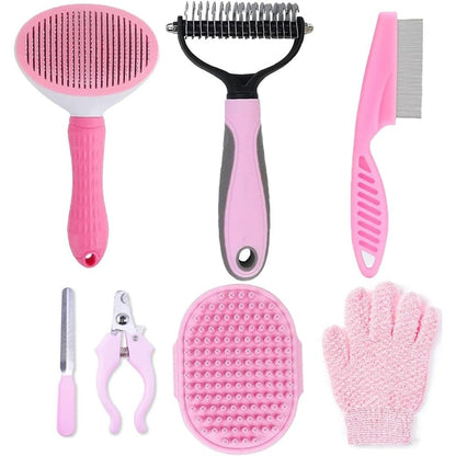 KEEPLKVOC 7 Piece Dog Grooming Kit With Self Cleaning Slicker Brush Nail Clipper Dematting Comb Flea Comb And Bath Massage Brush In Pink Color