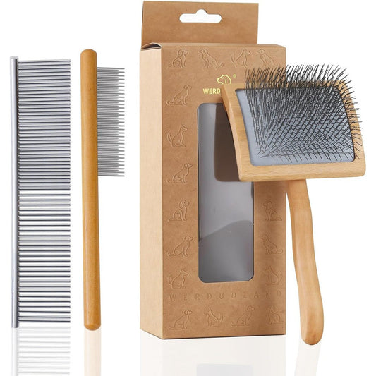 Werduoland Ergonomic Slicker Brush For Long Haired Dogs With Wooden Handle And Long Pins For Grooming Goldendoodles 3 Piece Set
