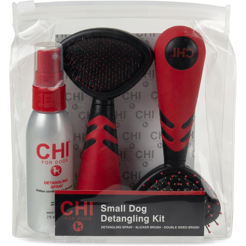 CHI For Dogs Small Dog Detangling Kit Three Piece Grooming Set With Two Fluid Ounce Detangling Spray Fine Pin Slicker Brush And Double Sided Brush