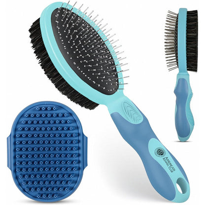 American Kennel Club AKC Double Sided ProBrush Pin and Bristle Grooming Tool with Bonus Silicone Bath Brush for Dogs and Cats