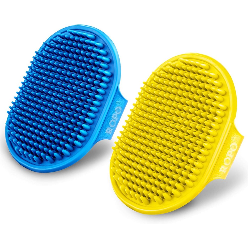 ROPO Dog Bath Brush And Shampoo Massage Comb With Adjustable Ring Handle And Long Soft Rubber Bristles For Grooming Dogs And Cats 2 Pieces