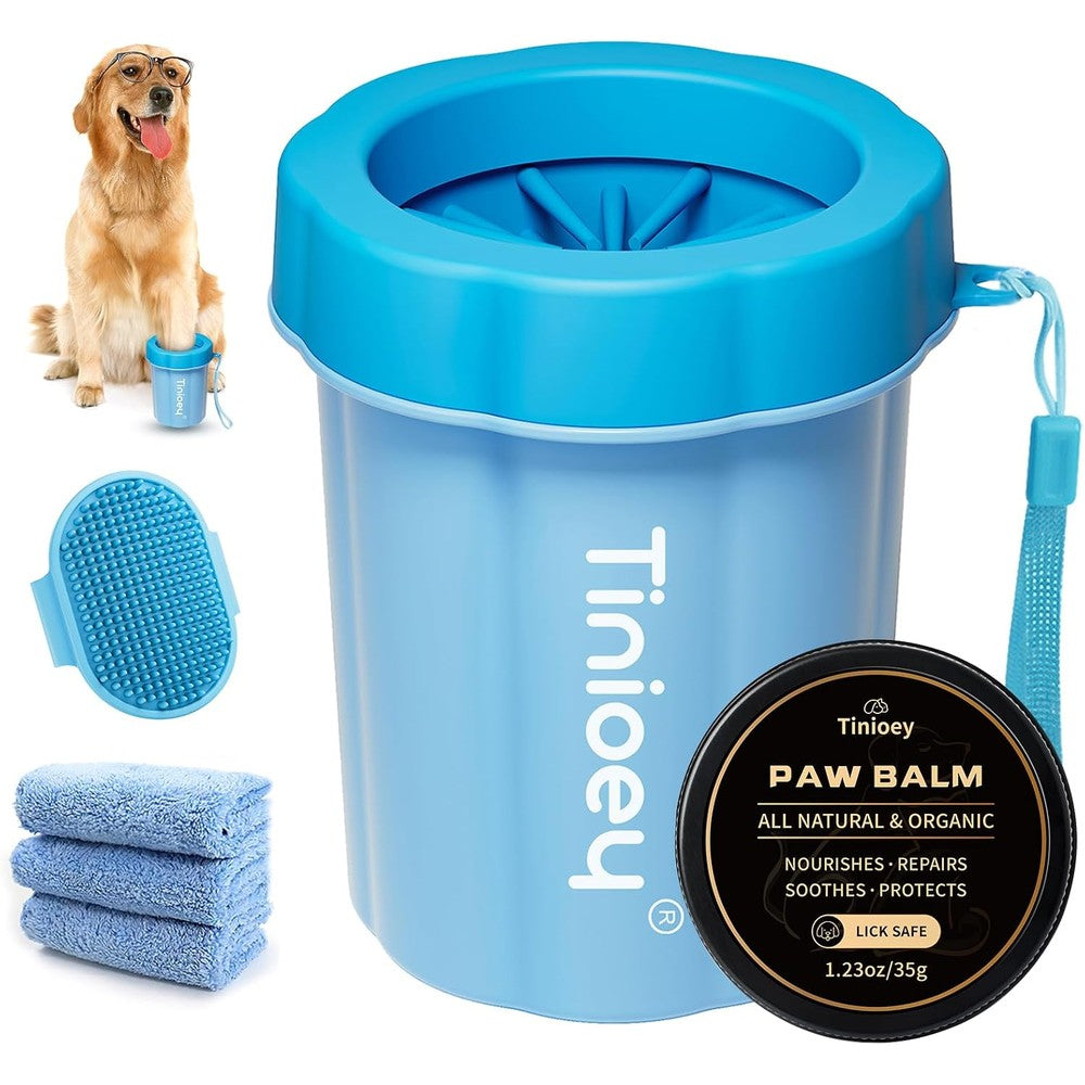 Tinioey Dog Paw Cleaner And Muddy Paw Washer Kit For Small Medium Large Dogs Includes Soft Silicone Brush Cup Three Absorbent Towels And Balm
