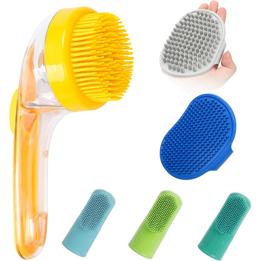 ELEGX Pet Grooming Bath Massage Brush Pack Of 6 With Built In Soap And Shampoo Dispenser Soft Silicone Bristles For Dogs And Cats Blue And Grey Blue