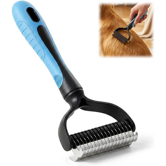 Emily Pets Double Sided Pet Grooming Brush And Undercoat Rake Deshedding Tool For Dogs And Cats With Long Hair And Thick Coats Blue