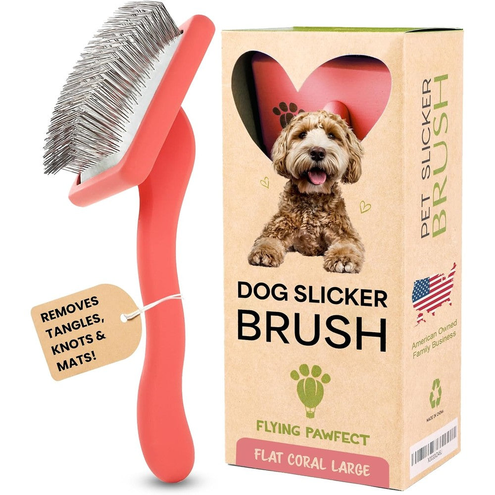 Flying Pawfect Dog Slicker Brush For Grooming Pet Hair Long Pin For Poodles Doodles And Long Haired Dogs Coral Flat Large