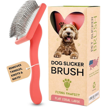 Flying Pawfect Dog Slicker Brush For Grooming Pet Hair Long Pin For Poodles Doodles And Long Haired Dogs Coral Flat Large