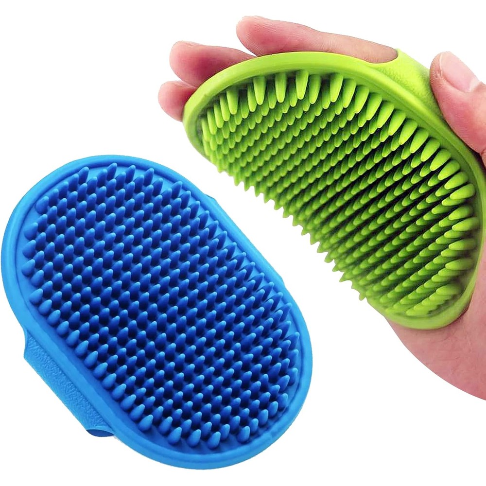 Lilpep Pet Shampoo Bath Brush Soothing Massage Rubber Comb With Adjustable Ring Handle For Dogs And Cats Blue And Green Pack Of 2