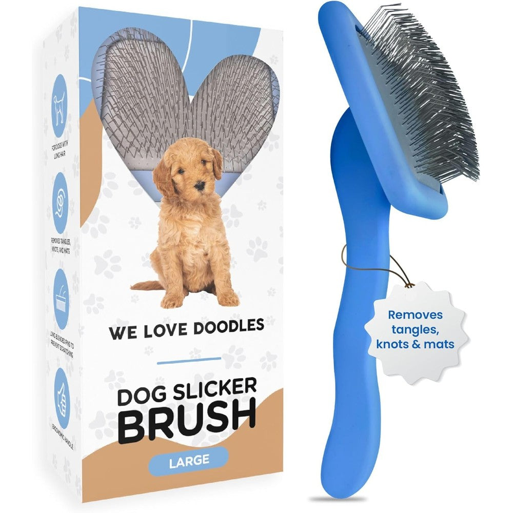 We Love Doodles Professional Slicker Brush For Dogs Long Pin Detangler For Dematting Goldendoodles And Poodles Blue Wooden Handle Large