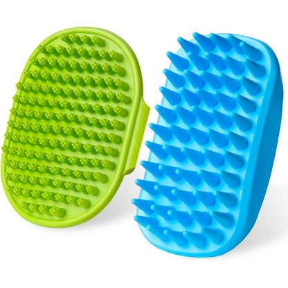 KQUQK Two Piece Dog Bath Brush Set With Adjustable Handle Silicone Pet Scrubber For Shampooing Deshedding And Massaging Green And Blue